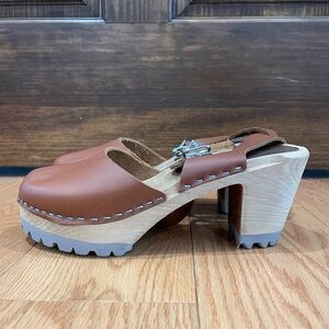 MIA Abba Brown Leather Wood-Block Clog Heels